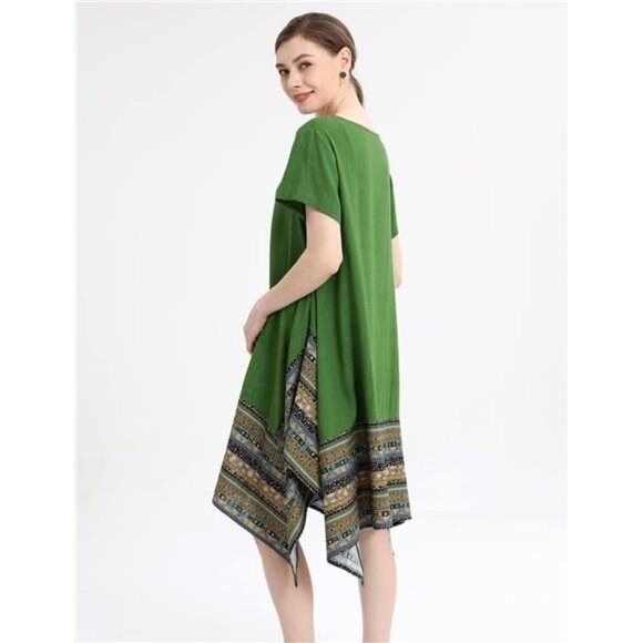 Women's Ethnic Cotton Linen Short/Long Sleeves Irregular Dress - Picture 3 of 14